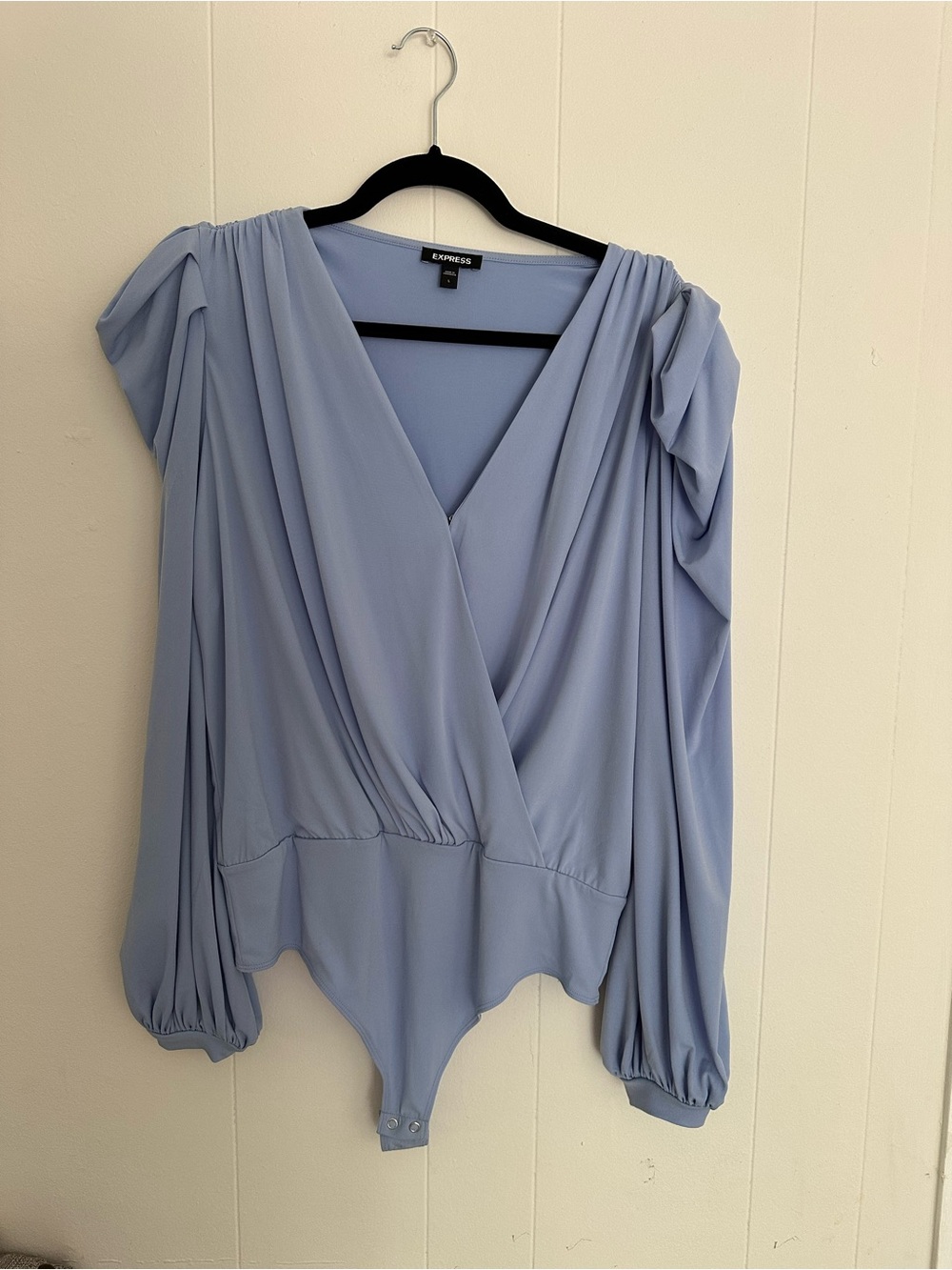 Express Light Blue Draped V-Neck Long Sleeve Bodysuit